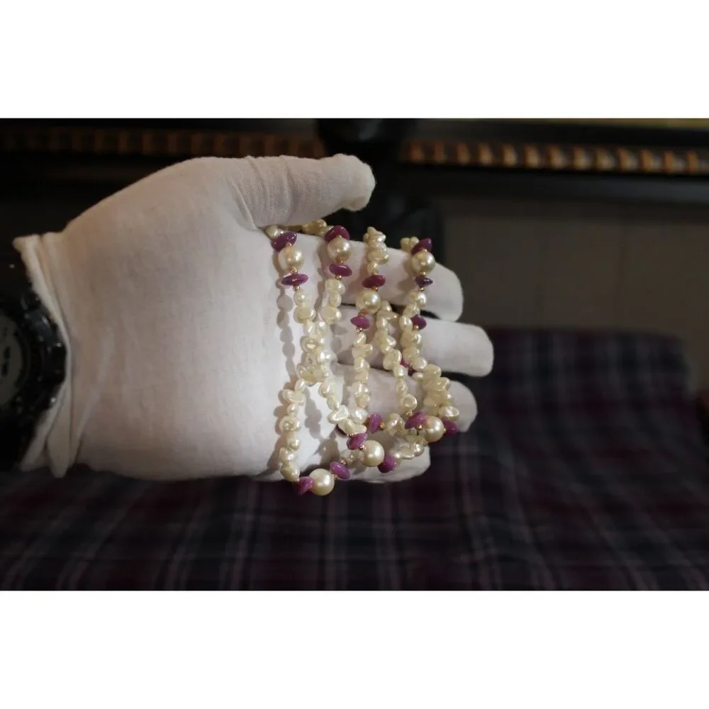 Continuous Strand Feshwater Pearls Glass and Stone Beaded Necklace